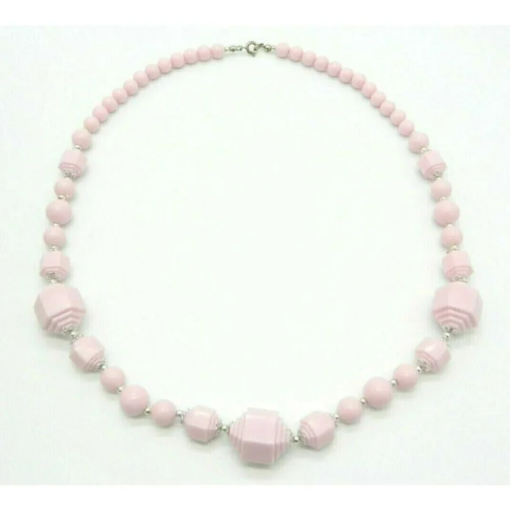 Pink Geometric Acrylic Bead Beaded Silver Tone Vintage Necklace